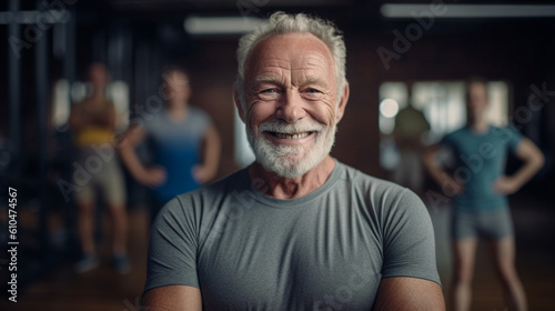 an elderly man with gray hair and full beard does yoga sport or fitness with other people in group, blurred background, fictional place, gym or yoga room