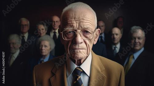 in a business suit, an old man, elderly man and in the background a group of old men, team group or company