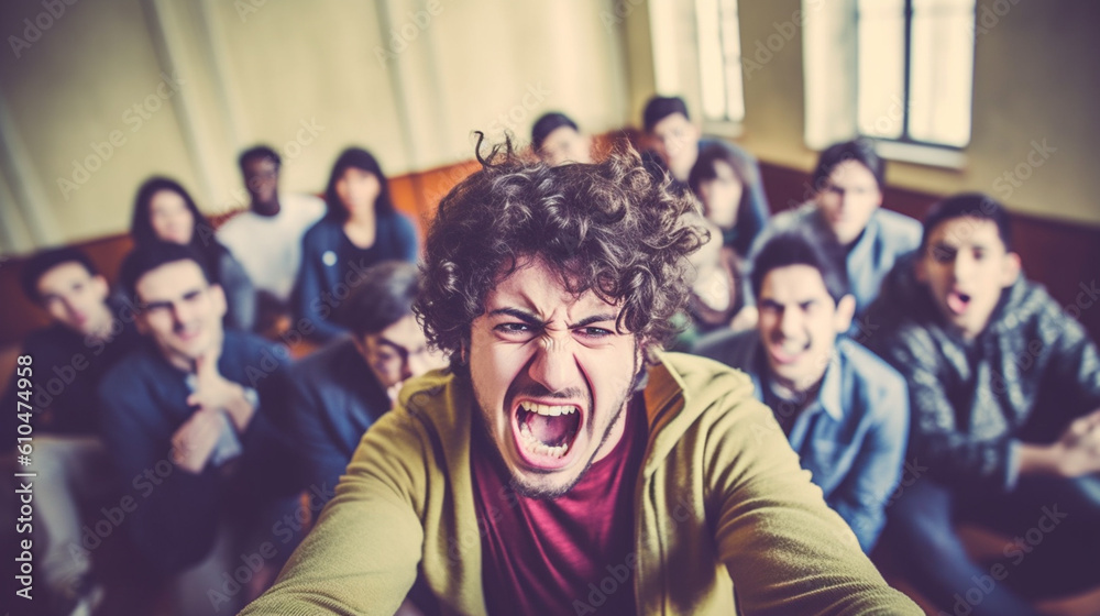 Fototapeta premium teenage girls and boys, bad mood anger and hate, upset and disappointed or arrogance or unfriendly loud behavior, teens with friends
