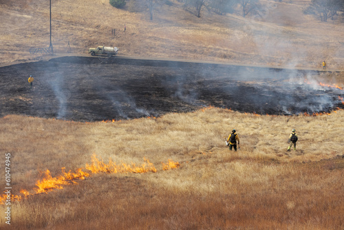 Firefighters light a line of fire in grasses during a control burn