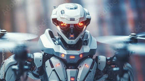 humanoid machine as a weapon, technology and artificial intelligence, drone technology, a drone and humanoid android as a robot, white, fictional location