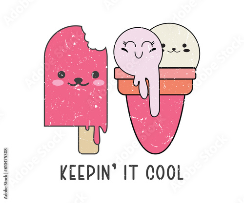 Keepin' it cool, summer Vacation vector design with Cute ice cream cartoon. Beautiful summer background design collection Can be print on Sticker, Mug, T-Shirt and so on