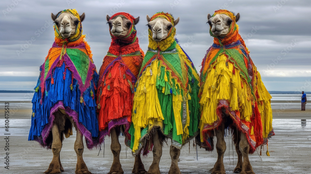 abstract camels with colorful cloths and elegant clothes, fictional place