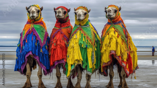 abstract camels with colorful cloths and elegant clothes, fictional place © wetzkaz