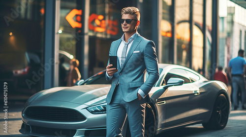 young adult man wears suit, using smartphone, stands in front of sports car or electric car, luxurious and luxurious, successful businessman or wealthy rich man photo