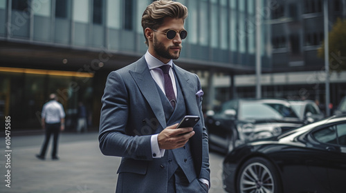 young adult man wears suit, using smartphone, stands in front of sports car or electric car, luxurious and luxurious, successful businessman or wealthy rich man photo