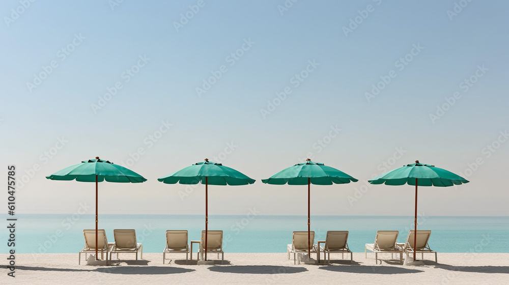 sun loungers and sun chairs with umbrella on the sandy beach overlooking the sea, water and beach, fictional place, lonely and empty, untouched nature