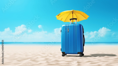 suitcases  suitcases on wheels  luggage on the sandy beach with parasol  by the sea  water and sand  beach vacation and long-distance summer trip to the tropics  fictitious place