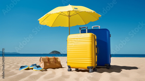 suitcases, suitcases on wheels, luggage on the sandy beach with parasol, by the sea, water and sand, beach vacation and long-distance summer trip to the tropics, fictitious place © wetzkaz