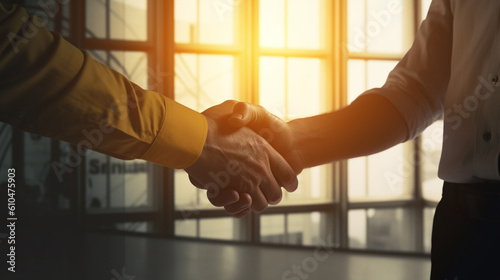two grown men shake hands, in the background a sunset, glass window, in the office, contract and agreement in a sale or trade, contract concluded, handshake, or greeting