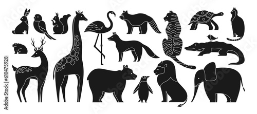 Animal engraving shape set. Cute parrot squirrel, frog, giraffe. Panda and bear penguin. Mammals animals characters for baby design. Deer cat turtle fox lion tiger vector print stamp jungle collection © neliakott