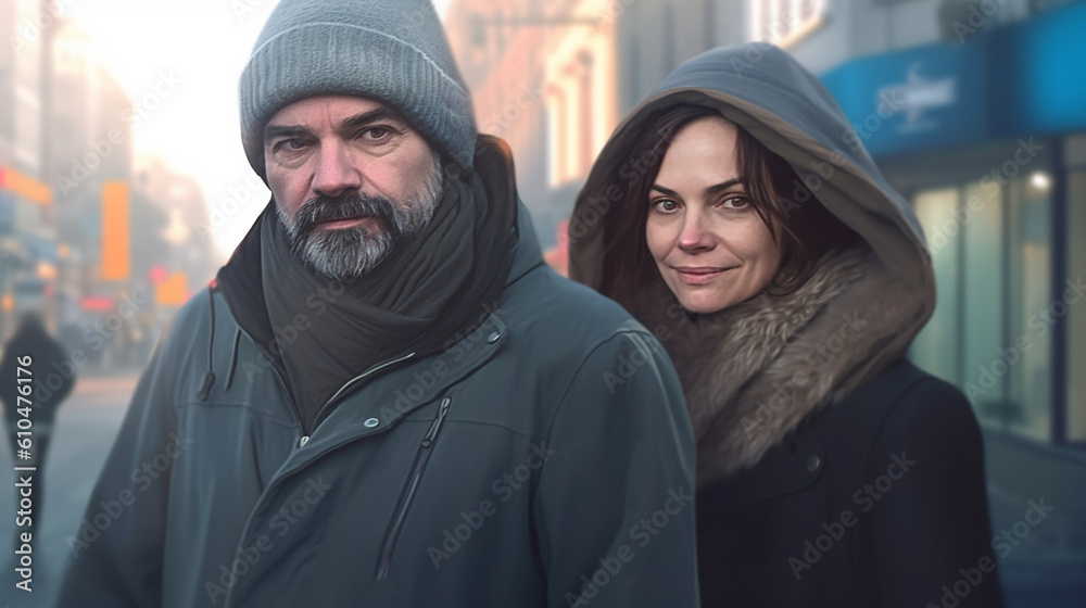 mature couple or friends, old woman and old man with gray hair, wearing a winter jacket a winter scarf a winter hat, in a city, street with little traffic,