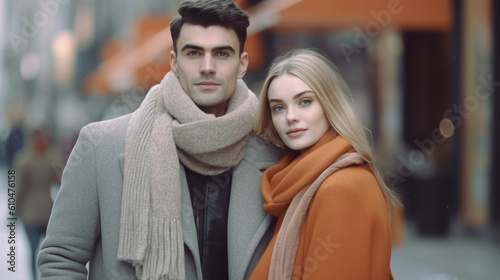 young adult couple or friends, woman and man, wearing a winter jacket a winter scarf, in a city, shopping street with other people, crowd, city life everyday in winter