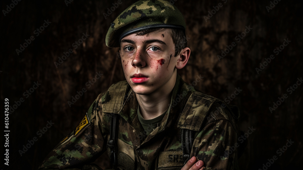 Fototapeta premium squad of soldiers in uniform with machine guns, men, fictional, resistance fighters or rebels of a rebellion or uprising or radical