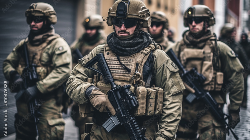 Soldiers patrol through the city along the sidewalk, civilian population in the background, people and persons, soldiers in uniform with machine guns Soldiers patrol through the city along the sidewalk, civilian population in the background, people and persons, soldiers in uniform with machine guns