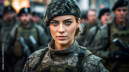 young adult woman, army soldier, fictional location and affiliation, helmet and backpack and green military uniform, soldiers in background, preparations for war mission