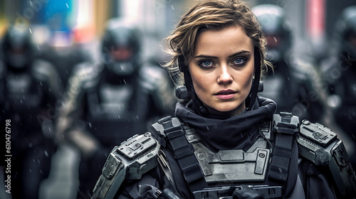 special police or army unit in black clothes and partially masked, caucasian woman, fictional location, secret agents or police officers, body armor, young adult woman