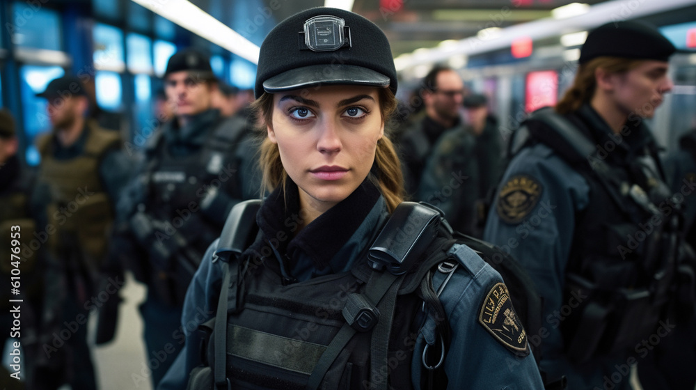 police officers in full gear and uniform with safety protective gear and bulletproof vests in a team and squad than a dozen police officers, in a city on a street