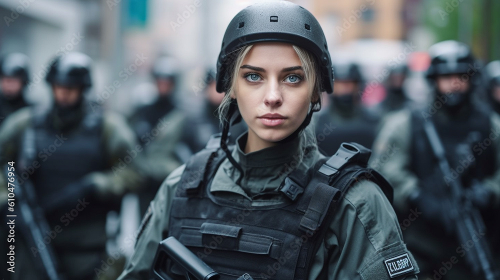 Fototapeta premium police officers in full gear and uniform with safety protective gear and bulletproof vests in a team and squad than a dozen police officers, in a city on a street
