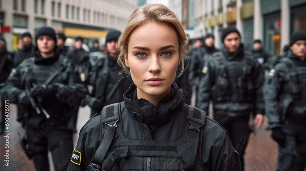 police officers in full gear and uniform with safety protective gear and bulletproof vests in a team and squad than a dozen police officers, in a city on a street