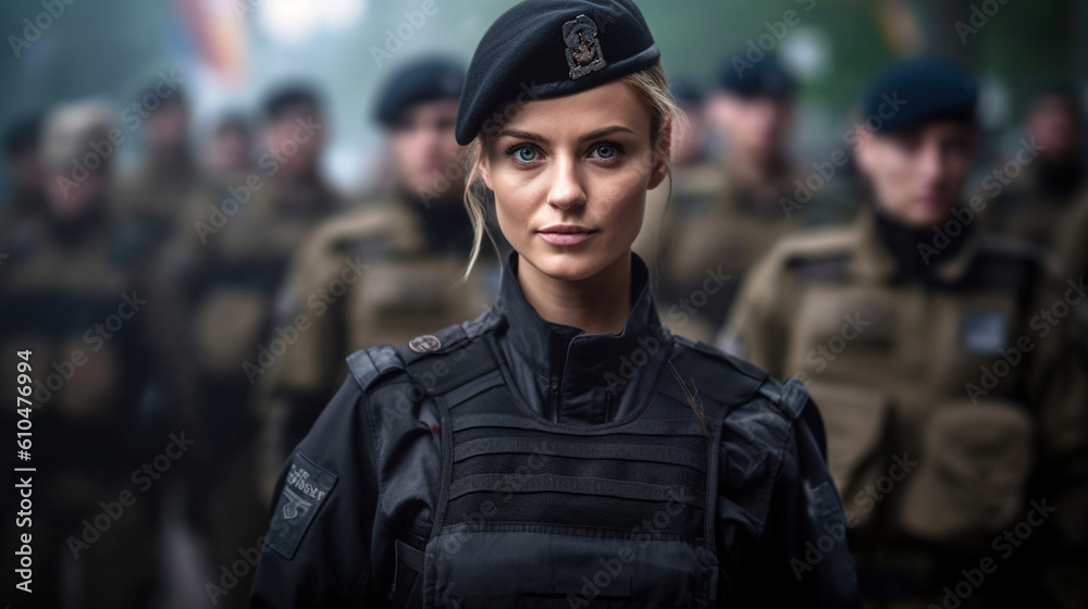 Army officer, soldier or special police or army unit in black clothes and partially masked, caucasian woman, fictional location, secret agents or police officers, body armor, young adult woman - obrazy, fototapety, plakaty 