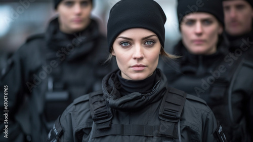 special police or army unit in black clothes and partially masked, caucasian woman, fictional location, secret agents or police officers, body armor, young adult woman photo