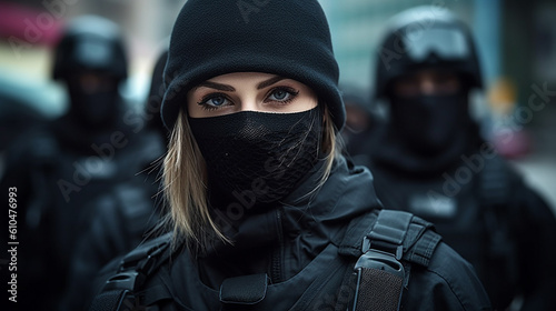 special police or army unit in black clothes and partially masked, caucasian woman, fictional location, secret agents or police officers, body armor, young adult woman