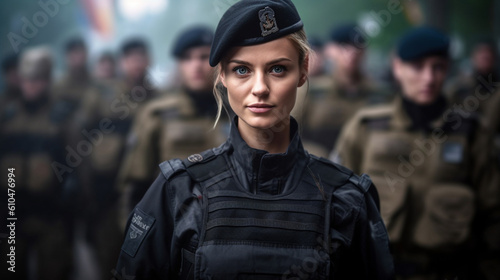 Army officer, soldier or special police or army unit in black clothes and partially masked, caucasian woman, fictional location, secret agents or police officers, body armor, young adult woman