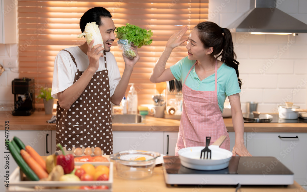Happy Asian couple preparing delicious dinner in the kitchen at home. Happy Asian couple preparing delicious dinner in the kitchen at home.