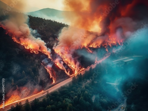 Forest fire in the summer season of the dry period of the year. AI generated  human enhanced