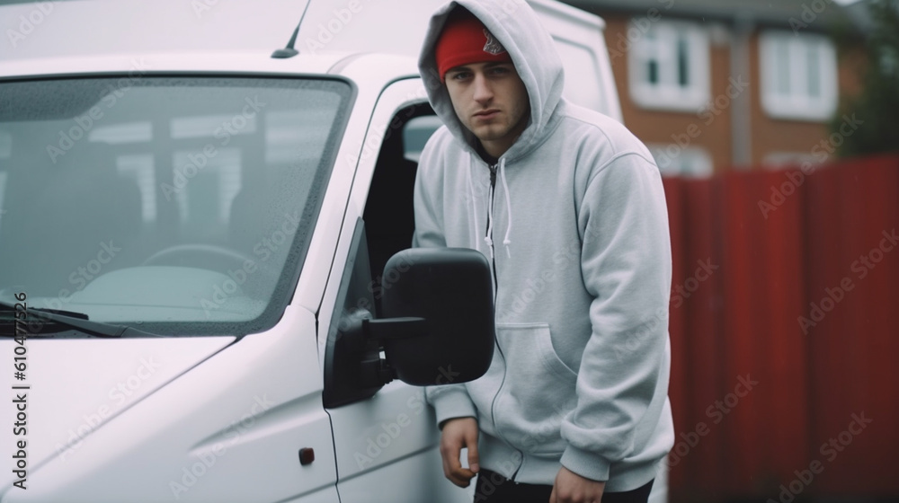 young adult man goes to his car in the early morning, hoodie, cold and uncomfortable temperatures, residential area in front of the house young adult man goes to his car in the early morning, hoodie, cold and uncomfortable temperatures, residential area in front of the house