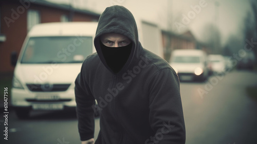 adult mature man in dark hoodie and covered face, masked, fast walking or running in the morning or evening on a side street in a residential area