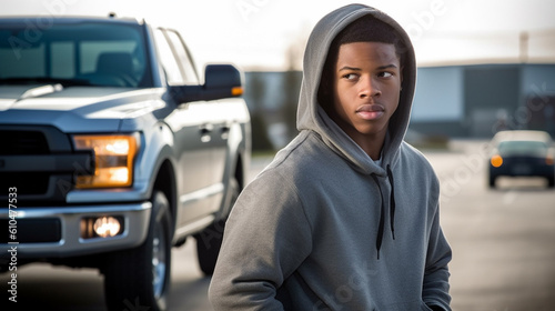 young adult african american male wearing light gray hoodie in a parking lot or other premises, feeling watched or being critical or fearful, worried expression on face