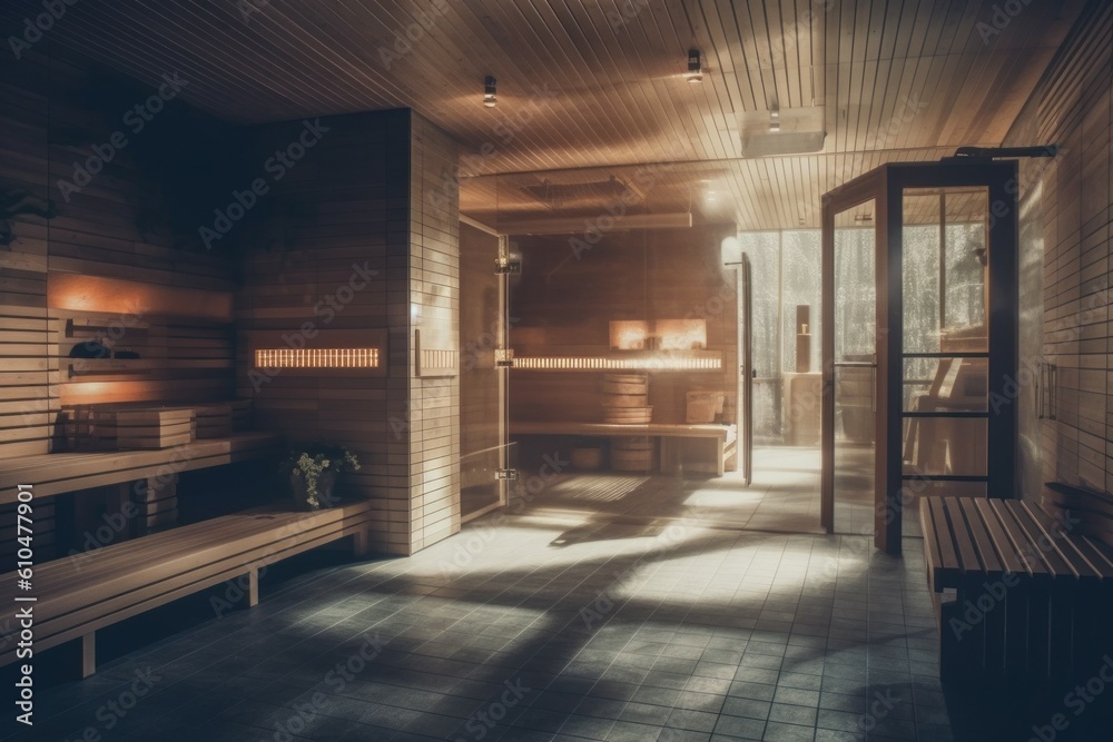 Interior inside a modern sauna. AI generated, human enhancement