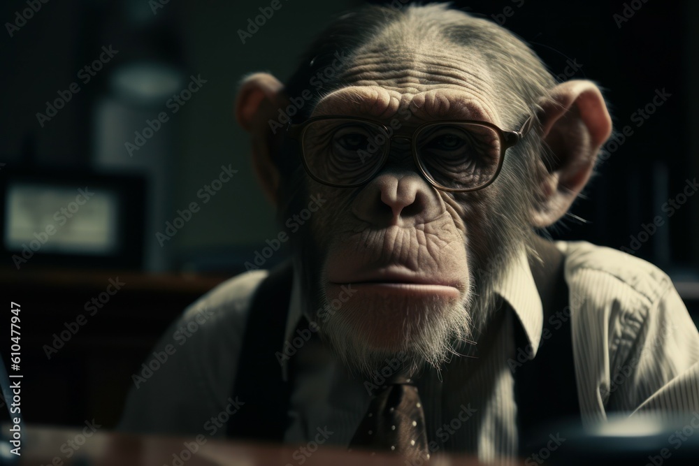 Monkey wearing suit in office. Businessman monkey sitting at office. AI generated, human enhanced. Monkey wearing suit in office. Businessman monkey sitting at office. AI generated, human enhanced.