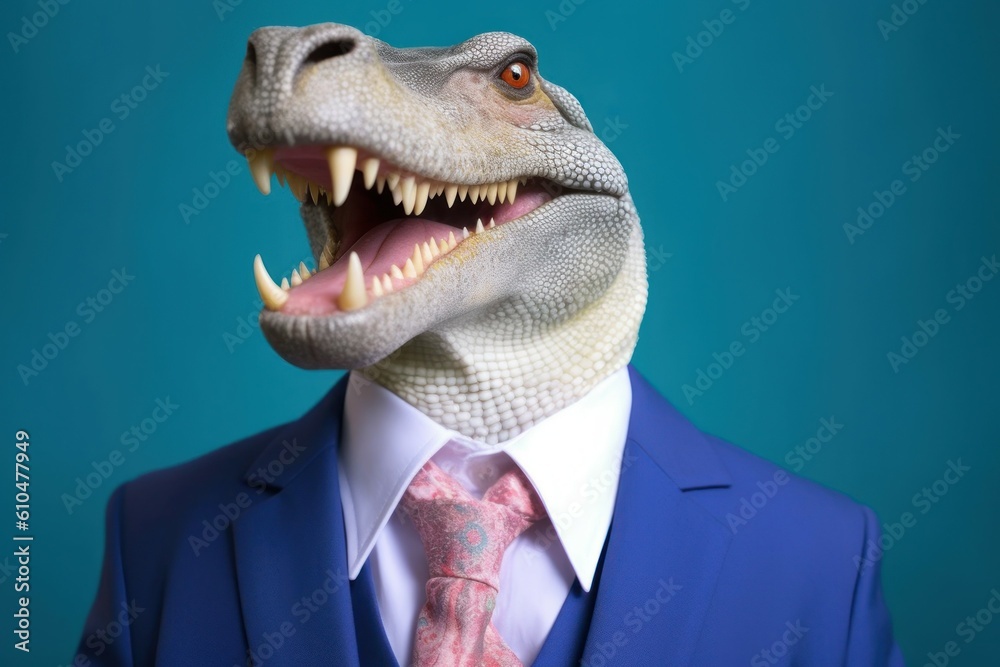 Anthropomorphic crocodile dressed in a suit like a businessman. business concept. AI generated, human enhanced Anthropomorphic crocodile dressed in a suit like a businessman. business concept. AI generated, human enhanced