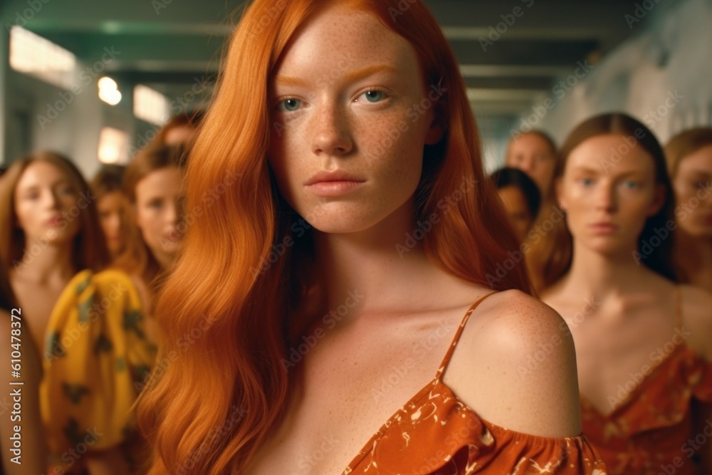Portrait of a red-haired woman with freckles. AI generated, human enhanced