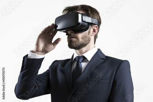 Male businessman wearing virtual reality glasses. VR concept. AI generated, human enhanced