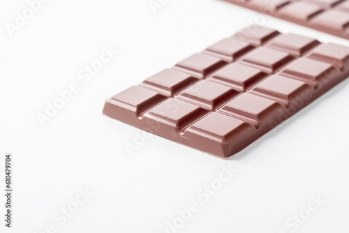 Milk chocolate bar, white background, copy space. Sweet chocolate dessert, top view. AI generated Generative AI