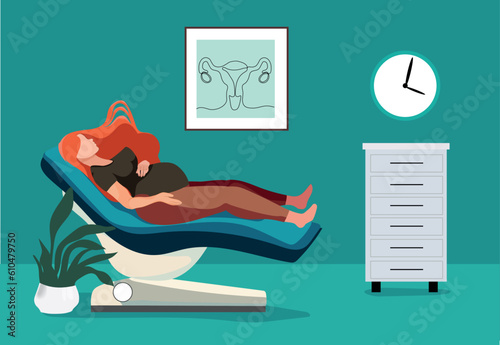 Pregnant woman visits her doctor, she is smiling and happy as everything is okay. Vector illustration