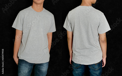 Blank shirt mock up template, front and back view, Asian teenage male model wearing plain grey t-shirt on black background. Tee design mockup presentation