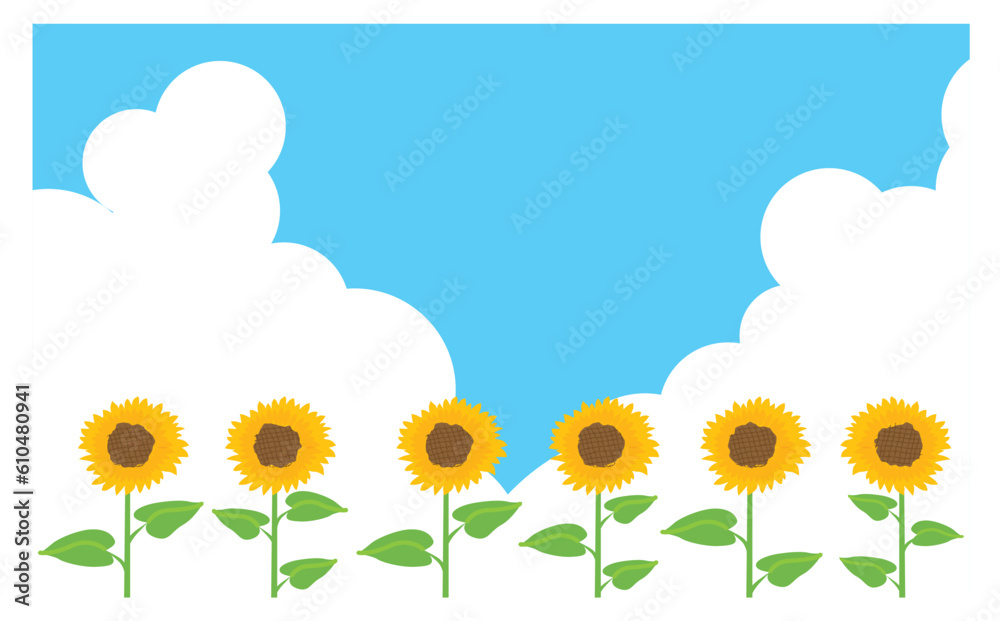 夏の入道雲と大輪のひまわりの背景イラスト 夏の入道雲と大輪のひまわりの背景イラスト