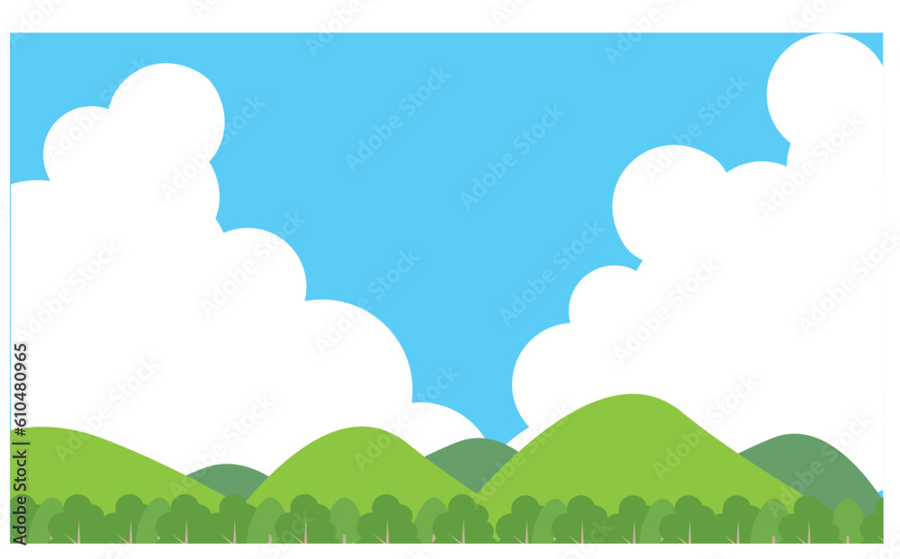 夏の入道雲と山と木の背景イラスト
