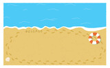 夏のビーチの赤い浮き輪と貝殻の裸足の足跡フレーム