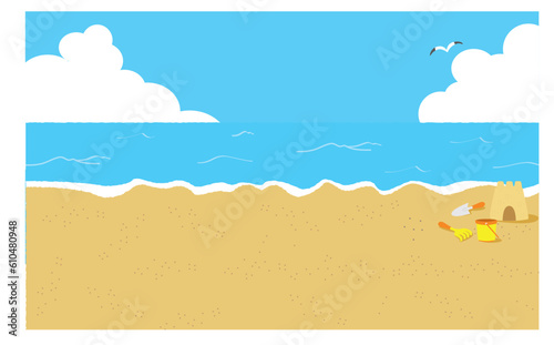 夏の入道雲のかかった海の砂浜と砂遊びの背景イラスト