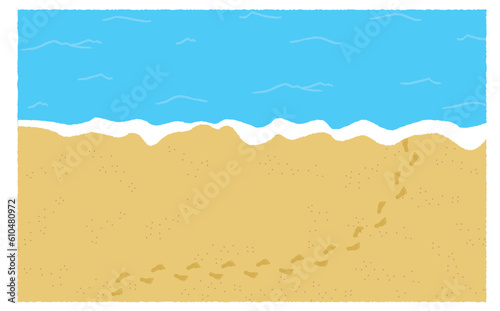 夏の海辺の砂浜と裸足の足跡の背景イラスト