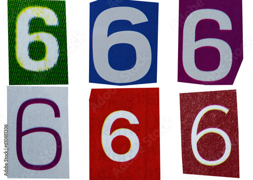 Number 6 magazine cut out font, ransom letter, isolated collage elements for text alphabet, ransom note