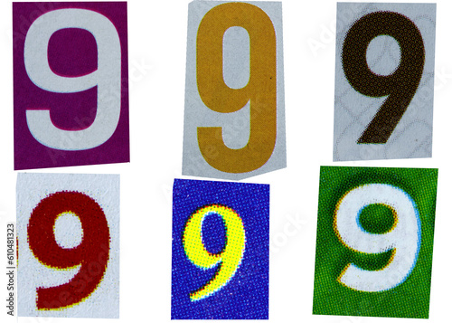 Number 9 magazine cut out font, ransom letter, isolated collage elements for text alphabet, ransom note