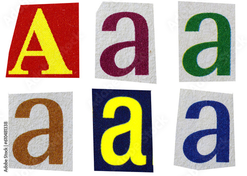 Letter a magazine cut out font, ransom letter, isolated collage elements for text alphabet, ransom note
