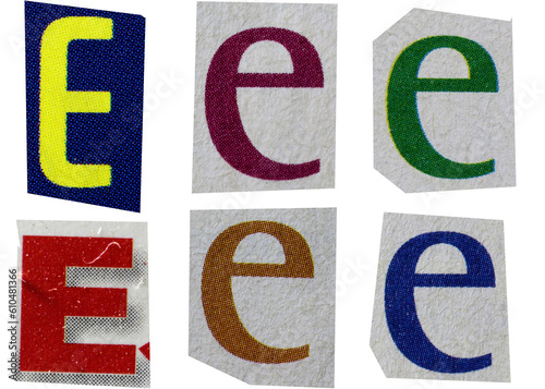 Letter e magazine cut out font, ransom letter, isolated collage elements for text alphabet, ransom note